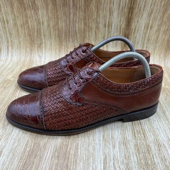 Mezlan Acapulco Men's 8.5 Brown Woven Leather Genuine Crocodile Cap Toe Oxfords
